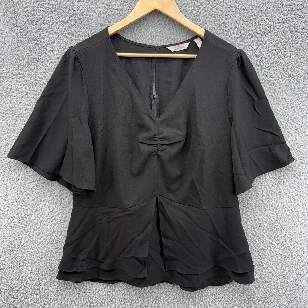 Laurie Felt Womens Top 1X Black V-Neck Keyhole Slit Blouse 3/4 Bell‎ Sleeves